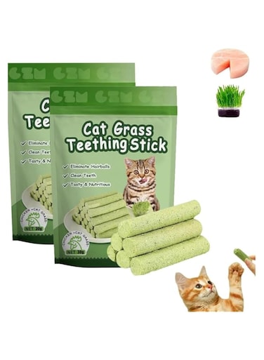 2 Pack Cat Grass Teething Stick Toys,Cat Grass Sticks,Cat Teeth Cleaning Cat Grass Stick,Natural Freeze Dried Cat Grass Chew Sticks for Hairball Removal, Teeth Cleaning