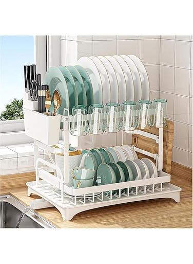 STORECHO Kitchen Countertop Dish Rack Drainer, 2 Tier Stainless Steel Rack for Drying Dishes, Cups, Plates (WHITE)