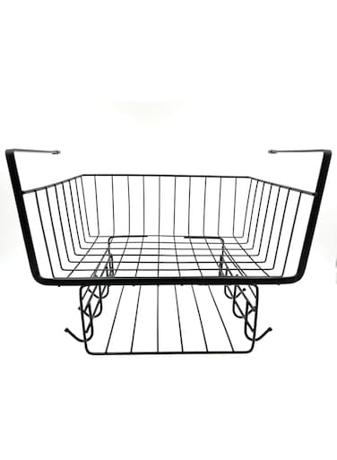 VIO Under Shelf Cabinet Basket, Metal Rack Organiser for Bowls Cups Saucers Plates, Multifunction Storage Wire Basket with Hooks for hanging cups Kitchen Office Pantry Home (Black)