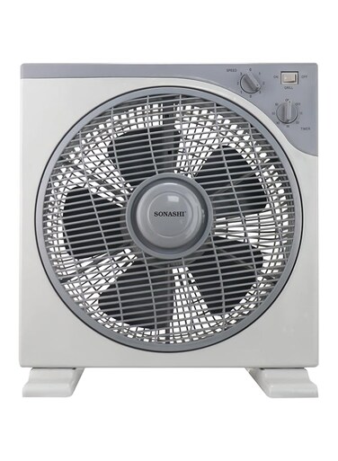 Sonashi 12 Inch Box Fan - 3 Speed Selector   Powerful Box Fan with Rotating Front Louver   Kids Safe Fan with Protective Grill   Travel-friendly Box Fan - Quiet Operation SBF-7036 White/Grey