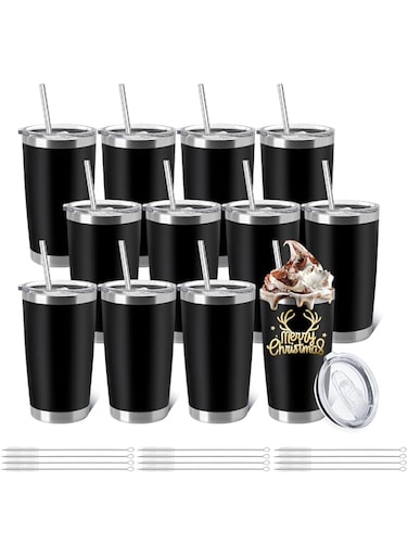 YOUKE OLA 12 Pieces Insulated Coffee Tumbler Blank Stainless Steel Double Wall Vacuum Travel Tumbler Cup with Lid and Straw for DIY Gift, Black 20oz