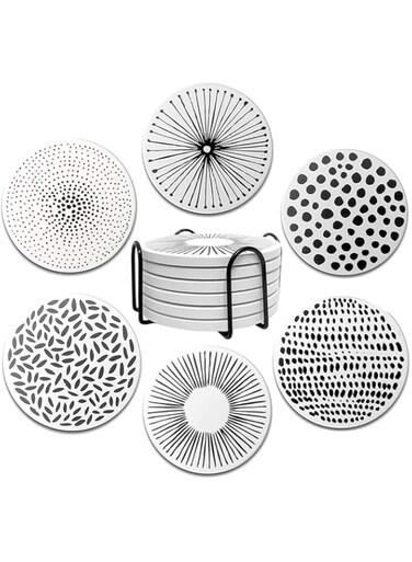 Cranviech 6 Pack Drink Coasters with Holder Absorbing Ceramic Stone Coasters, Cork Bottling for Heat and Scratch Resistance, Decorative Drink Cushion Coasters, Contian Shelves