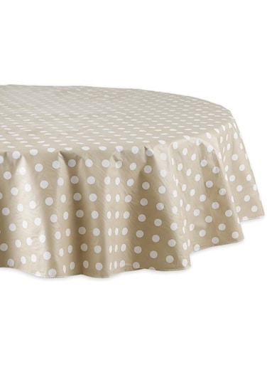 Dii Tablecloth Vinyl Table Top, 70" Round, Beige &amp; White Polka Dot