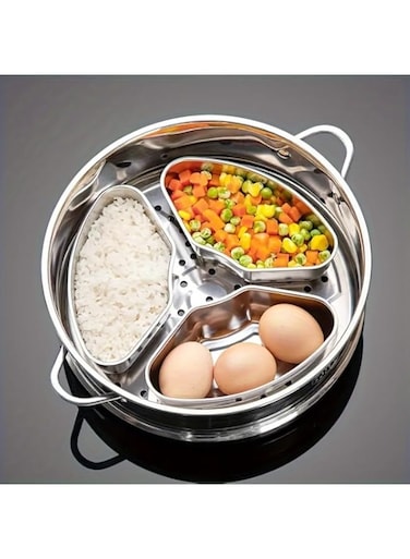 Stainless Steel Steamer Set, 3-Piece Fan-Shaped with Tray, Grid and Bowls, Multi-Functional Cookware for Rice Cooker, Kitchen, Air Fryer, Camping