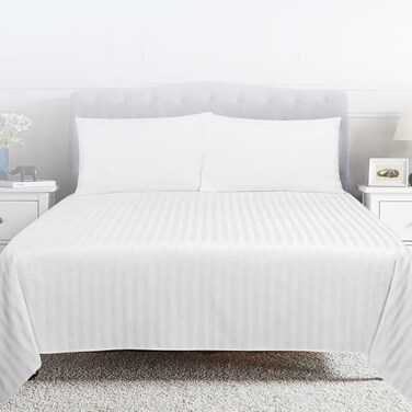 INFINI HOMES White &amp; Stripe Cotton Flat Bedsheet King 240X260 CM with 2 Pillow Covers 50X75 CM - Premium Quality Soft and Breathable Fabric for Luxurious Comfort