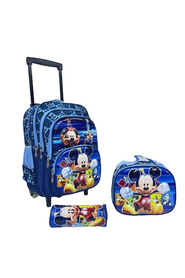 Kids School Trolley Backpack Set, 3 Pieces, 16.5 Inch Rolling Bag with Lunch Box and Pencil Case (Blue Cartoon, 16.5 Inch)