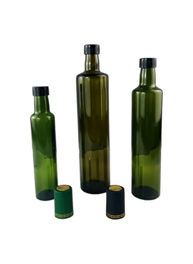 Oil Dispenser, Glass and Vinegar Dispenser Set, for Kitchen Olive oil bottle with cap and pourer, green color round bottles Set of 4.