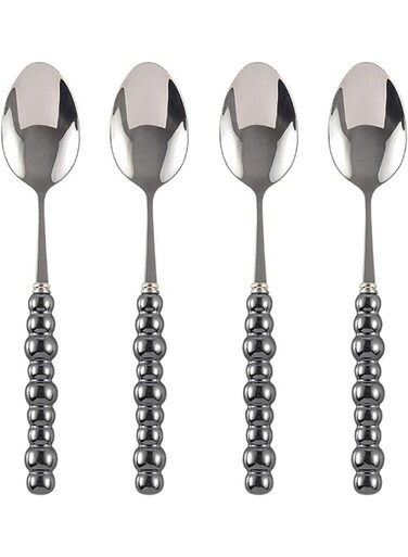 Stainless Steel Spoon Set, Dessert Spoons with Imitation Pearl Decoration, 8.4 Inch Korean Style Tea and Coffee Utensils for Home Dining, Parties, and Gifts, Ceramic Handle (Black, 4-Piece)