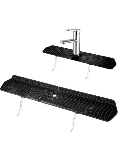 DOOKOO Kitchen Sink Splash Guard, 61CM Faucet Mat Splash Catcher, Handle Drip Catcher Tray, Multipurpose for Kitchen Dish Drying Mats Sponge Holder and Bathroom Countertop Protect (Black)