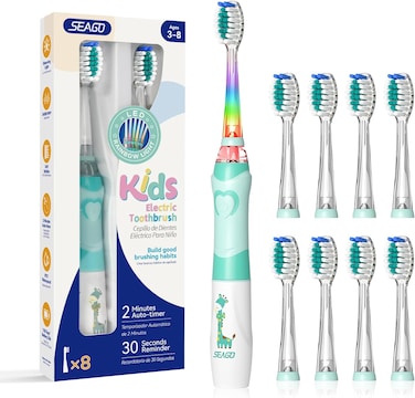SEAGO Kids Electric Toothbrush with 2 Mins Brushing Timer and 8 Replacement Bursh Heads,Rainbow LED Light Make Brushing Fun, Pink Color Girls Battery Powerd Toothbrush for 5-8 Years Old