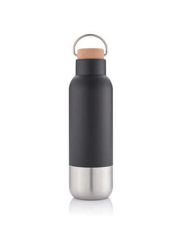 Hans Larsen Eco-friendly Recycled stainless steel PREMIUM Double walled vacuum insulated water bottle 22oz with a cork lid leak proof and carry packed in a gift box (Black)