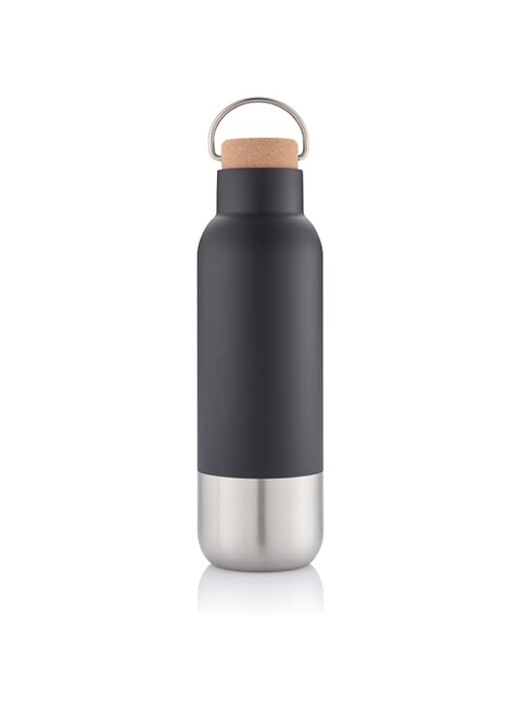 Hans Larsen Eco-friendly Recycled stainless steel PREMIUM Double walled vacuum insulated water bottle 22oz with a cork lid leak proof and carry packed in a gift box (Black)