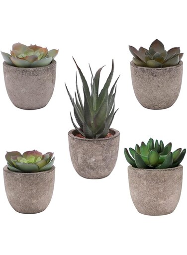 ORiTi 5PCS Small Artificial Succulent Plants Potted Assorted Faux Succulents Fake Cactus Cacti Plants Mini Succulent Plants for Window Sills, Bathrooms, Office Home