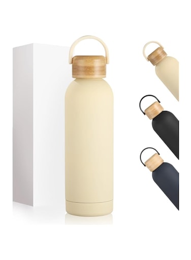 LCHYI Water Bottle Stainless Steel 750ml, 304 Double Wall Insulated Flask for Kids &amp; Adults, Insulated Water Bottle with Wooden Lid for Sports, Fitness Travel Hot Cold Drinking Water Bottle (Beige)