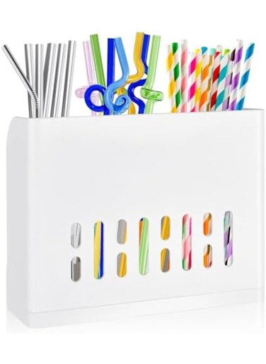 Straw Holder for Cabinet, Straw Organizer with Dividers, Reusable Tumbler Straws Storage Container with Adhesive for Cupboard, Drinking Straws Dispenser for Counter (White)