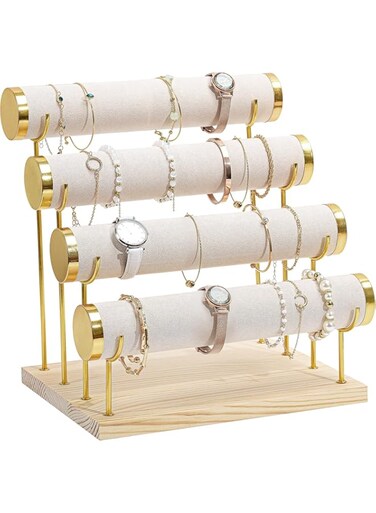 ProCase Detachable Bracelet Holder Stand, Gold Bracelet Organizer for Selling, Velvet Wrap Bracelet Display Rack with Wooden Base for Bangles Scrunchies Watches - 4 Tier, Beige