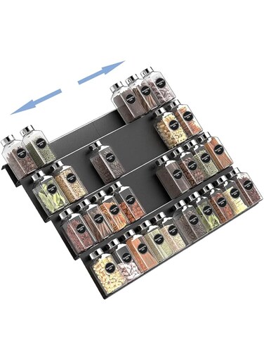 U-HOOME Spice Drawer Organizer Insert for Kitchen Cabinets,Expandable Spice Jar Rack Holder Tray, 4 Slanted Tiers for Garlic, Salt, Pepper Spice Jars, Seasonings (2 pack, Black)