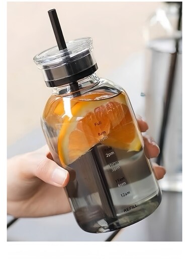 Yon Glass Water Bottle: Portable, Cute Design with Straw, Handle, Silicone Sleeve, Time Marker, and Scale. Aesthetic and Creative Juice Cup (550ml)