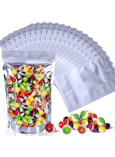 Vodolo Mylar Bags for Freeze Dried Candy,50 Pack Frozen Dry Sour Skittles Bags with Clear Window, Stand Up Pouches