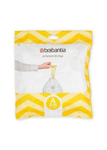 Brabantia PerfectFit Bin Liners Size A (3 Litre) &ndash; 40 Bags, 
Thick Plastic Trash Bags with Tie-Tape Drawstring Handles, White