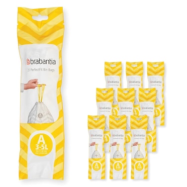 Brabantia PerfectFit Bin Liners Multipack Size A (3 Litre) &ndash; 200 Bags, 
Thick Plastic Trash Bags with Tie-Tape Drawstring, White