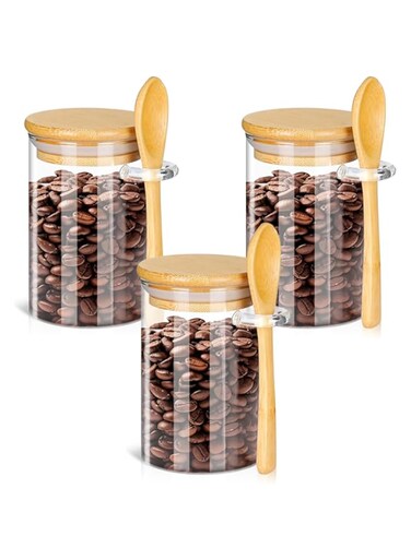 Set of 3 Pcs Glass Storage Jar with Bamboo Lids and bamboo Spoon, Airtight Food Jars Kitchen Food Storage Containers For Serving Tea, Coffee, Flour, Sugar, Candy, Cookie, Spice (Circular,800ml)