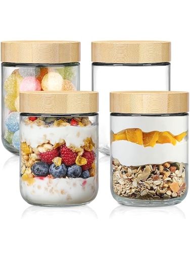Masroo Glass jars with Airtight Lids, Overnight Oats Containers with Bamboo Lids, Wide mouth Mason Salad jars, Glass Food Storage Containers for Snacks Yogurt Spice Sugar, 4-pack 16oz