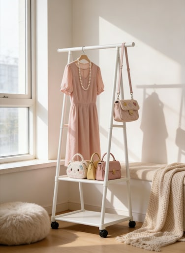 White Triangle Garment Rack with Wheels, Freestanding A Shape Metal Clothing Rack with 2-Tier Storage Shelves, Portable Multipurpose Coat Hanger for Bedroom, Living Room &amp; Laundry