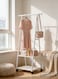 White Triangle Garment Rack with Wheels, Freestanding A Shape Metal Clothing Rack with 2-Tier Storage Shelves, Portable Multipurpose Coat Hanger for Bedroom, Living Room &amp; Laundry