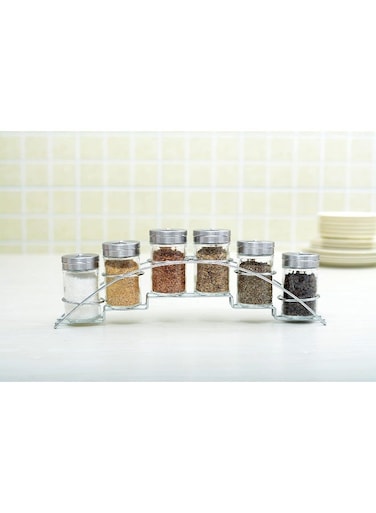 6 Pieces Glass Spice Jar Set With Metal Rack