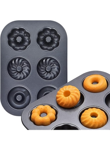 TERRIFI Donut Pan For Baking 6-Cup 2 Pack, Nonstick Bagel Mold Durable Carbon Steel Doughnut Pan