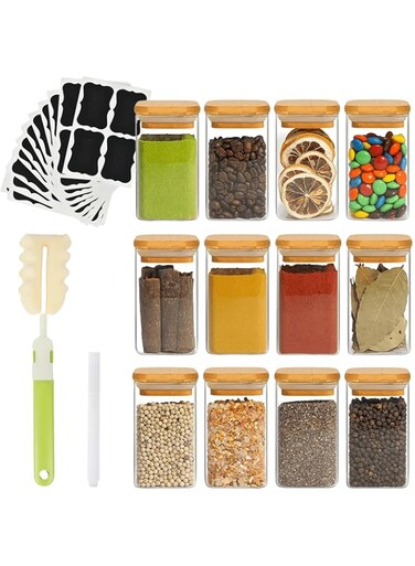 AZON 12 Piece Glass Spice Jars with Airtight Bamboo Lid (8 oz/250 ml) - Stylish &amp; Eco-Friendly Storage Solution - Glass Food Container Set with Marker, 48 Waterproof Labels &amp; 1 Soft Brush
