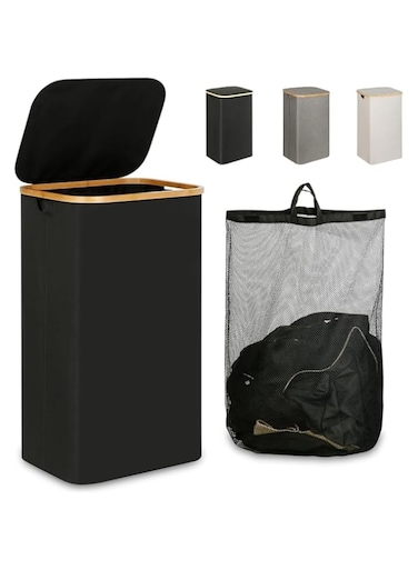 ABIN Large Laundry Basket with Lid, 110L Tall Laundry Basket with Bamboo Handles for Clothes and Toys, Collapsible Laundry Hamper with Inner Bag for Bedroom and Bathroom (Black)