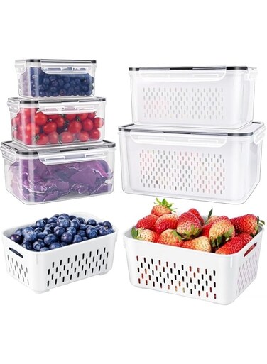 Raxoom 5Pcs Plastic Fridge Organizers and Storage Food Container To Keep Fruits Vehetables Berry Lettuce Salad Fresh   Leak-proof Airtight Food Storage Containers with Lids with Colanders, BPA-Free