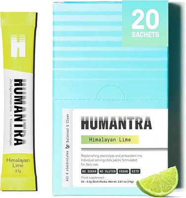 Humantra Electrolytes Powder - Himalayan Lime Flavor, 20X 3.66g Sachet. Net Wt. 73.2g - Powdered Hydration Sachets - Plant-Based Electrolyte Powder With 6 Electrolytes - Vegan, Sugar Free, Gluten Free