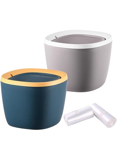 Sheebo Modern Plastic Mini Trash Can with Lid Wastebasket for Bathroom Vanity with 100 Counts Mini Trash Bags, Desktop, Tabletop or Coffee Table - 2 Liter (2pk - Bowl Swing)