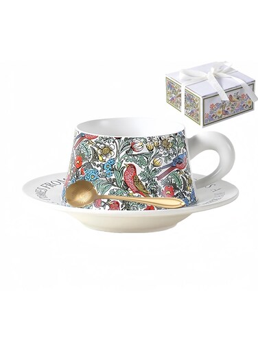 Style Ceramic Cup and Saucer Set, 9oz Teacup with Saucer and spoon- Birds and Floral Pattern (White)
