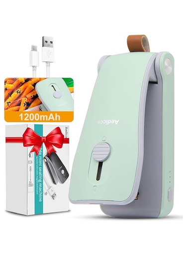 Aedicce Mini Bag Sealer, USB Rechargeable Chip Bag Sealer Heat Seal, 2 in 1 Bag Sealer Heat Seal with Cutter, Portable Bag Resealer for Plastic Bags Snacks &amp; Food Storage(Green)