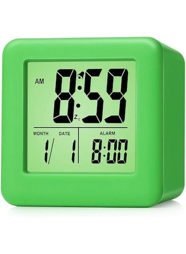 Plumeet Digital Alarm Clock Kids with Snooze and Nightlight - Easy Setting Silicone Clock Display Time, Date - Loud Alarm Clock for Bedroom - Battery Powered (Green)