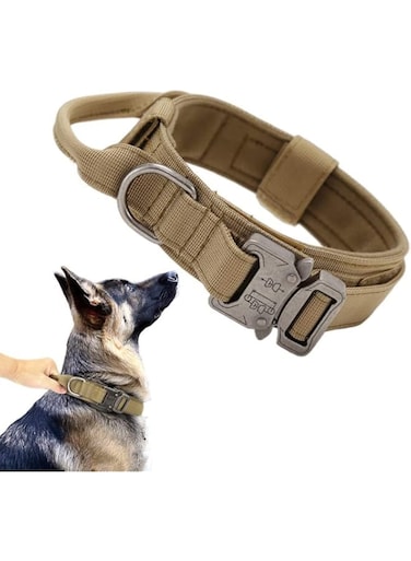 Arabest Dog Collar, Adjustable Nylon Dog Collar, Training Dog Collar with Metal Buckle and Control Handle, for Training Medium and Large Dogs (Khaki)