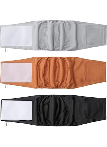 Avont 3 Pack Washable Male Dog Diapers (M 12"-16"), High Absorbent Reusable Belly Band Waist Wrap for Male Dogs -Black/Brown/Grey