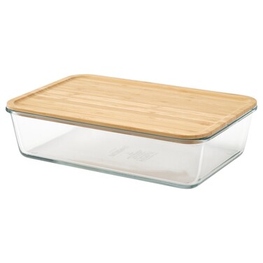 Food Container with Lid, Large Rectangular, Glass/Bamboo, 3.1 L