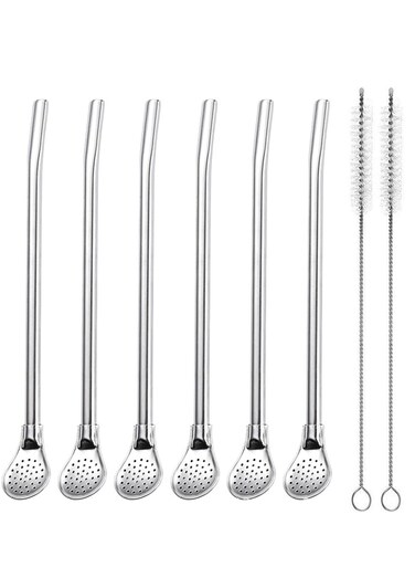 6 Pack Reusable Stainless Steel Straw Spoons with Filter &amp; Cleaning Brush, Dishwasher Safe