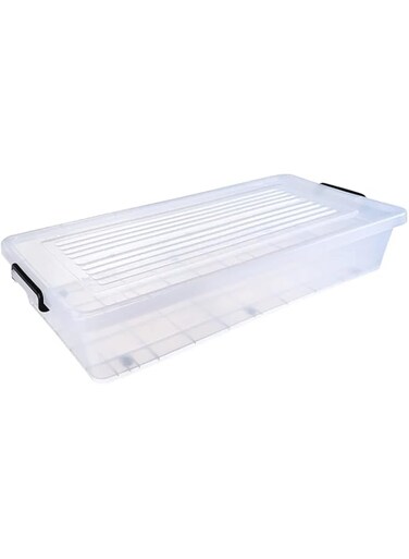 Premify 34L Plastic Storage Box With Lid &amp; Wheels   Slim Under Bed Plastic Organizer &ndash; Stackable Transparent Box Storing Clothes, Toys, Shoes, Tools, Medicine, Office Supplies, Arts &amp; Crafts, Kitchen