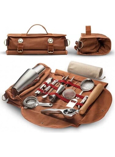 Bartender Bag Bartender Kit Bag Portable Waxed Canvas Bag Can Use For Professional 17-Piece Bar Tool Set Including Shoulder Strap For Easy Carry Bar Tools Not Include - Brown