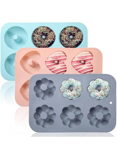 Tazweeq 3Pcs Silicone Donut Pan for Baking Donut Maker, Silicone Cake Mould, DIY Donut Baking Tools, Silicone Pancake Mould, Donut Pan, Muffin Cupcake Bagel Making Pan