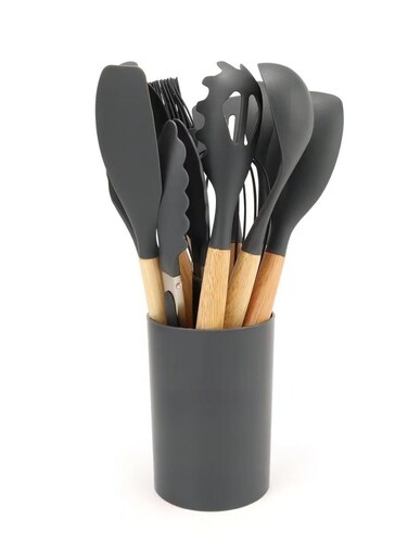 Cooking Utensils Set With Wooden Handles ,Kitchen Utensils,Spatula,Silicone Utensils, Nonstick Cookware, Heat Resistance Black