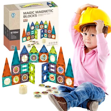 52 Pcs Magnetic Tiles Set for Kids - STEM Learning Toy with Colorful magnatic tiles Blocks and Stickers   Creative Educational Building Blocks for Boys &amp; Girls
