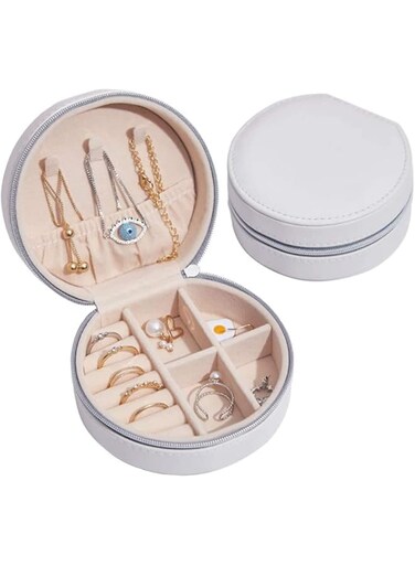 ELECDON Travel Jewelry Box Small Mini Jewelry Organizer Storage Bag, Portable Display Case, PU Leather Case Jewelry Holder for Women And Girls, Necklace Earring Rings Accessories(White Double-Layer)