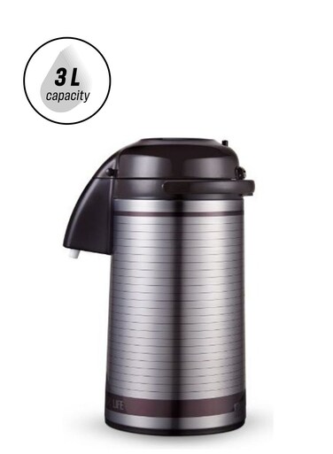Airpot Flask, 3L, Double Wall Vacuum Insulation  RF10501   Asbestos-Free Glass Inner   360 Rotating Base; Splash-Proof Nozzle   Portable And Leak-Resistant   Keep Drinks Hot Or Cold for Hours Dark Brown/Silver 3.0Liters